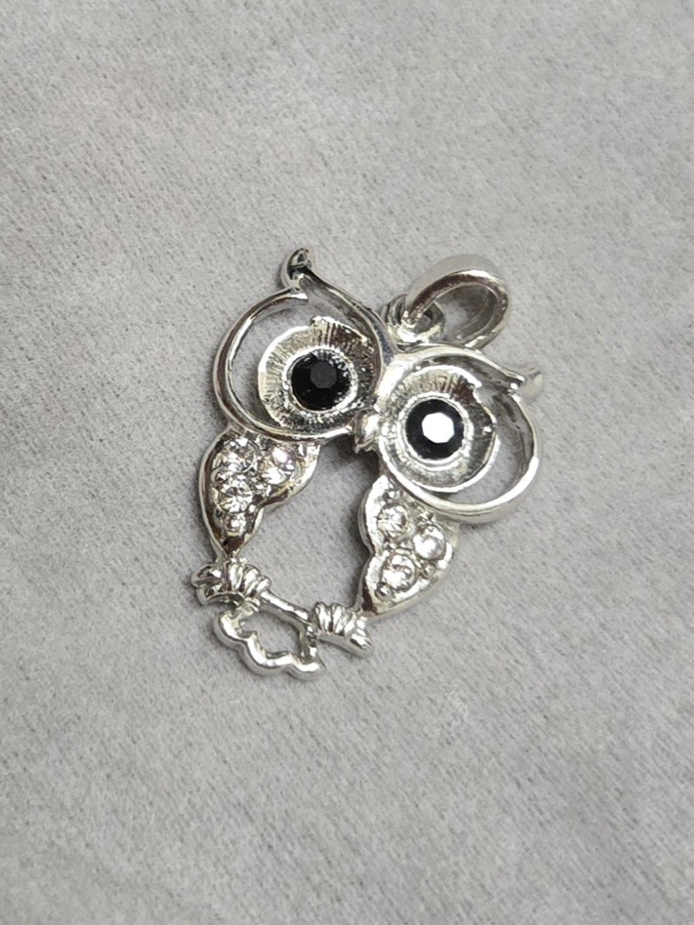 Silver Owl Pendant Necklace Charm - Silver with Black Eyes